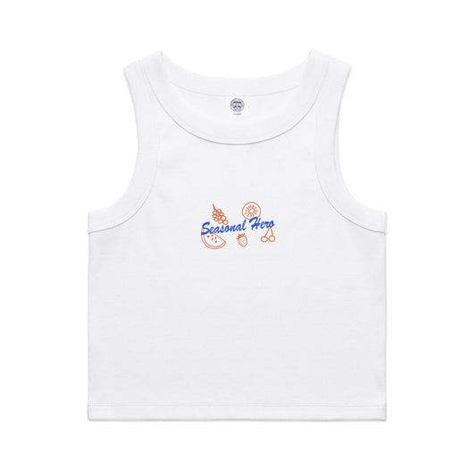Seasonal Hero 'Fruits' Embroidered Crop Rib Organic Tank - White